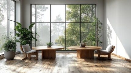 Minimalist Scandinavian Living Room with Wooden Furniture and Natural Light