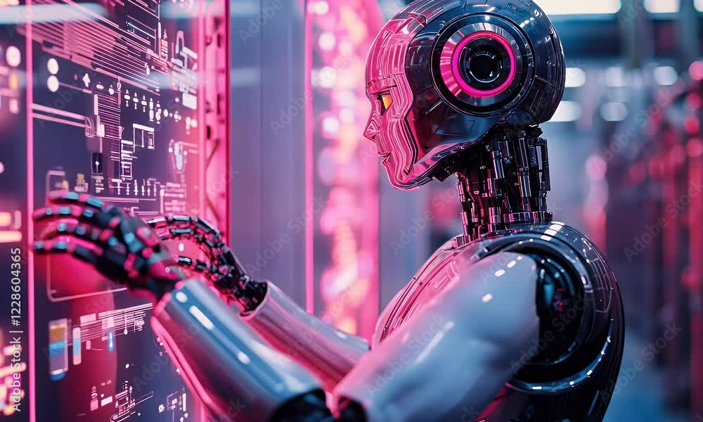 Poster Robot interacts with futuristic interface in factory