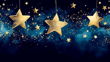 Fototapeta premium A dark blue background with stars painted in a golden, watercolor style.