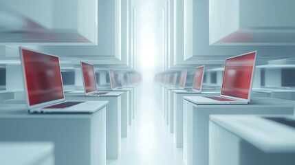 Server room laptops with red screens in bright white corridor for data processing