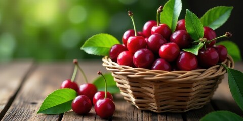 A wicker basket brimming with ripe, juicy cherries, nestled amongst vibrant green leaves, rests on a rustic wooden surface.  The scene is bathed in soft, natural light.