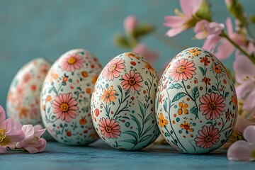 Fototapeta premium Beautiful handmade Easter eggs and flowers.Happy Easter.