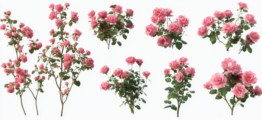 Fototapeta premium Pink rose bushes, studio shot, white background, garden design