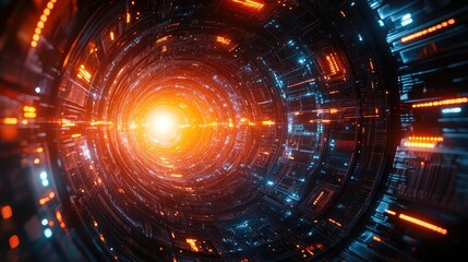 Fototapeta premium Futuristic tunnel with glowing lights and digital patterns, suggesting advanced technology and exploration