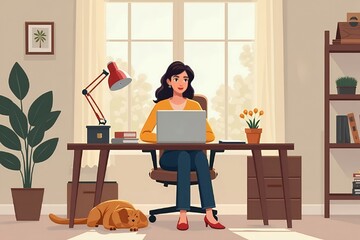 A professional sitting at a home office desk, focused on work with a laptop, while a dog naps nearby. 