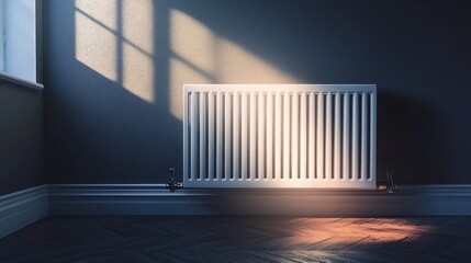 Sunlit radiator in empty room, home heating