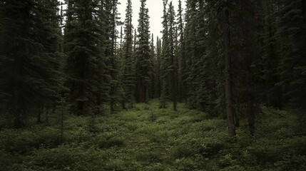 Fototapeta premium Tranquil forest of towering spruce, fir, and pine trees bathed in soft sunlight, evoking a serene connection with nature.