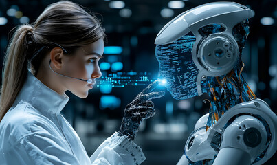 Fototapeta premium A scientist interacts with an advanced humanoid robot, showcasing a blend of technology and human emotion in a futuristic setting.