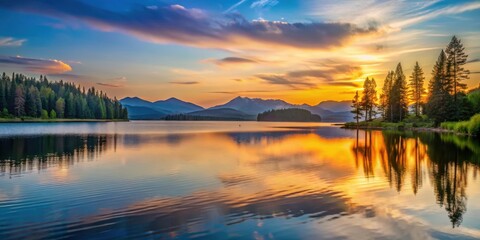 Fototapeta premium Sunset over a serene lake with trees and mountains in the background, nature, scenic view
