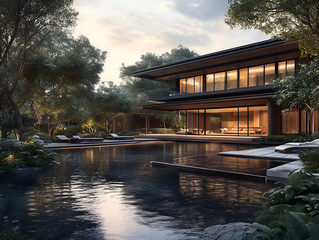 Obraz premium A serene modern house by a tranquil pool, surrounded by lush greenery and illuminated by soft evening light.