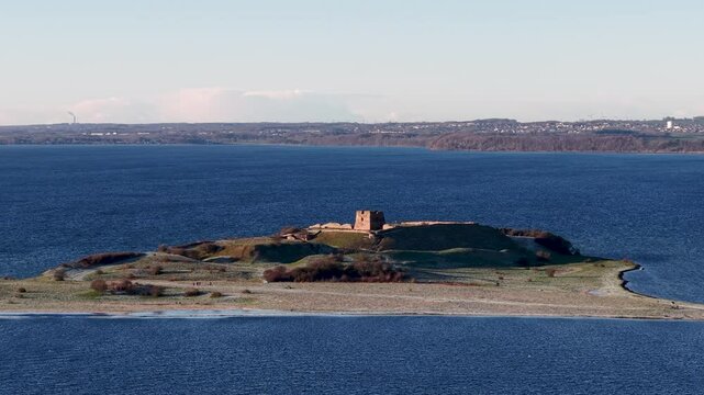 Aerial view of ancient viking astle on island, Kal&oslash;, Jylland, Denmark