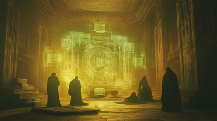 Fototapeta premium Scholars Engaged in Discussion Within Ancient, Mystical Setting