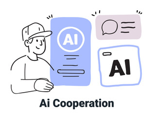 AI cooperation concept with person interacting with AI elements featuring speech bubble and digital interface in minimalist hand drawn style