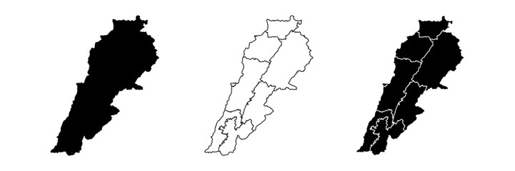 Lebanon map of regions districts vector black on white and outline.