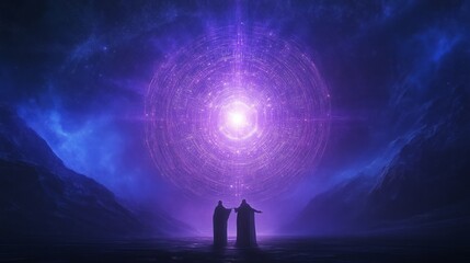 Fototapeta premium Celestial Vibrant Tapestry Featuring Mystical Figures and Light