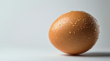 Single brown egg with water drops on white background, simple fresh food