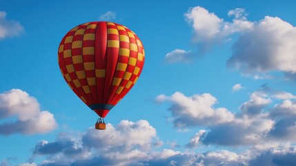Fototapeta premium Red And Yellow Checkered Hot Air Balloon Soaring Through A Sunny Sky