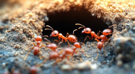 Red Ants Emerging from Nest in Macro Detail Dramatic Lighting Closeup
