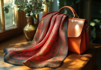 Vintage Style Women's Accessories Red Silk Scarf Orange Leather Handbag Elegant Fashion Items