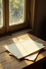 Sunlight Illuminates Blank Papers Resting on Rustic Wooden Surface Near Window