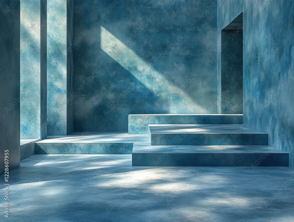 Poster minimalist geometric blocks in blue and white composition with soft natural light