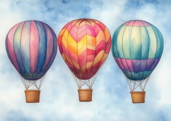 Obraz premium Colorful Hot Air Balloons Watercolor Illustration Vintage Design for Travel Adventure and Party