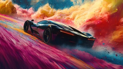 Black sports car driving on colorful, vibrant, abstract road.
