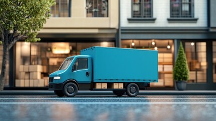 Delivery truck on city street, shops background, urban logistics