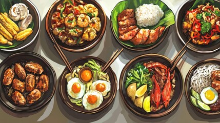 A Feast for the Senses: A vibrant and tantalizing collection of Asian dishes, featuring a colorful assortment of flavors and textures, from succulent seafood to savory meats and fresh vegetables.  
