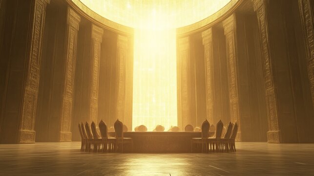 Round Table in Vaulted Chamber Illuminated by Soft Golden Light