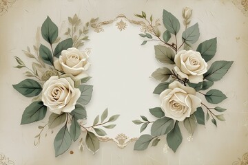 A vintage-inspired wedding invitation template featuring hand-drawn botanical elements in muted earthy tones.