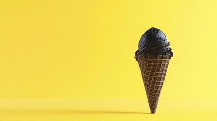 Black ice cream cone on yellow background; food photography, recipe, menu