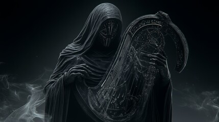 Naklejka premium Monochrome Statue of a Robed Musician Holding a Harp