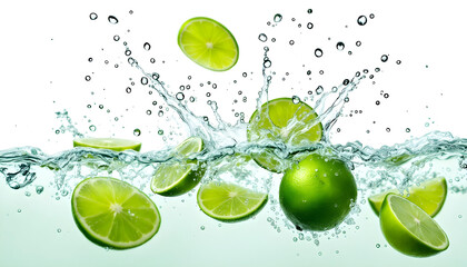 A dynamic composition of green lime slices and water splashes frozen in time, symbolizing vitality and natural refreshment