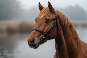 Obraz premium Close-up portrait of brown horse with blue eyes in winter on Texas farm near calm pond