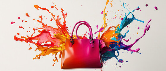 Dynamic splash of color surrounding a stylish handbag studio setting product photography artistic vibe close-up perspective
