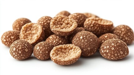 A pile of small, round, brown seeds with textured surfaces.
