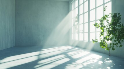 Obraz premium Sunlit Empty Room, Plant, Large Window, Peaceful Interior, Design Inspiration