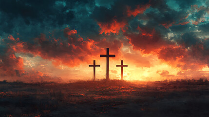 A distant perspective of Calvary, the three crosses silhouetted against a darkening sky filled with turbulent clouds, the barren landscape stretching toward the horizon, cinematic realism,