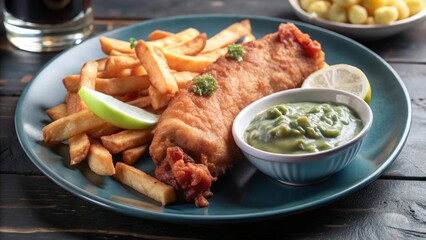 Fototapeta premium Savor crispy battered fish and chips at your favorite fish-and-chips shop a delightful experience with golden fries mushy peas and tartar sauce