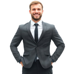 A confident man in a suit smiling with hands on hips, conveying professionalism and approachability.