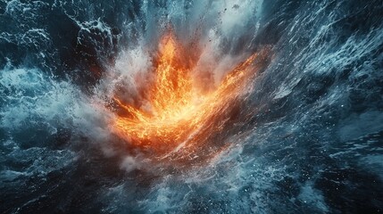 Fiery explosion amidst turbulent ocean waves; abstract fiery water collision.