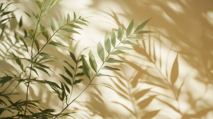 Green Leaves Cast Shadows On A Beige Wall
