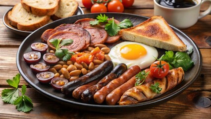 Savoring the full english breakfast a cozy culinary experience with bacon eggs sausage black pudding and beans