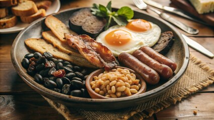 Indulging in a full english breakfast cozy  experience with bacon eggs sausages and black pudding