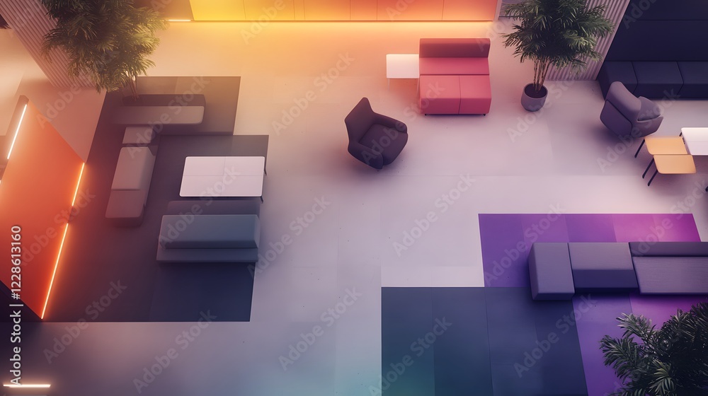 Poster an aerial view of a vibrant co-working space, showcasing a modern and collaborative work environment