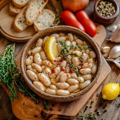 top view of cooked white beans, presented in a bowl, garnished with herbs and lemon	