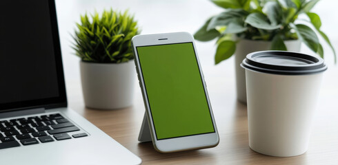 Smartphone with green screen on a wooden desk alongside a laptop, a takeaway coffee cup, and a potted plant. Clean and minimalistic workspace setup