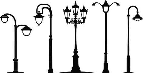 Vintage Street Lamp Silhouette vector collection on white background.