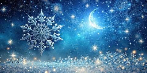 Fototapeta premium Delicate snowflake gently falls from a winter sky amidst twinkling stars and a crescent moon